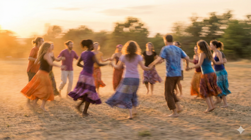 קבוצת אנשים רוקדים יחפים בטבע במעגל, בתנועה זורמת וחופשית המבטאת שמחה ושחרור הגוף.