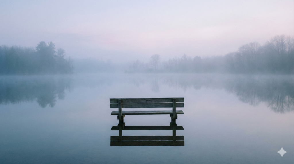 ספסל עץ בודד מול אגם שקט ומעורפל בבוקר, המשרה תחושת רוגע, התבוננות ושתיקה עמוקה.