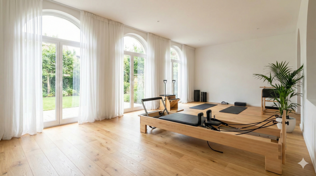 סטודיו פילאטיס מואר ומעוצב בסגנון נקי ומינימליסטי, עם מכשיר רפורמר המזמין לאימון חיזוק ויציבה.