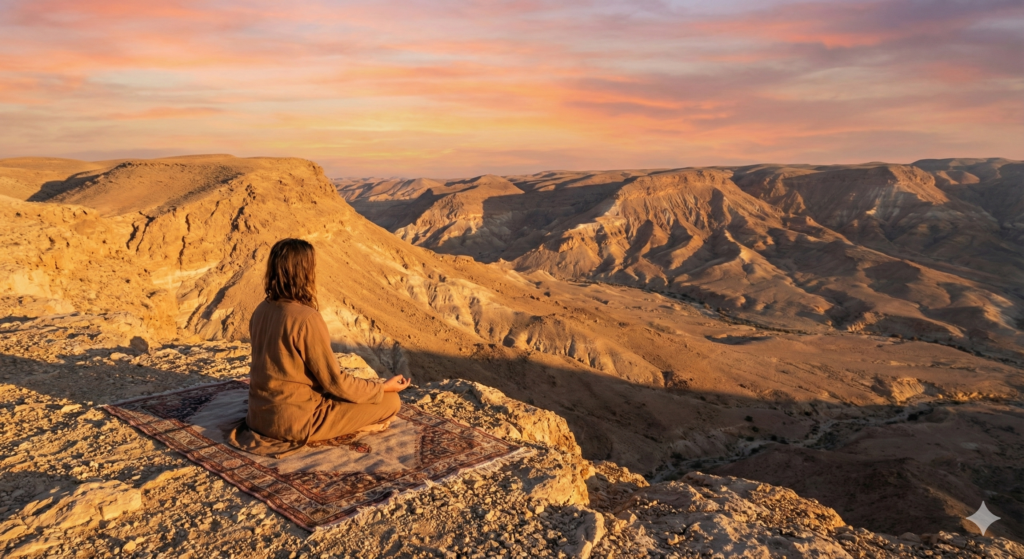 אישה עושה מדיטציה מול נוף מדברי בישראל