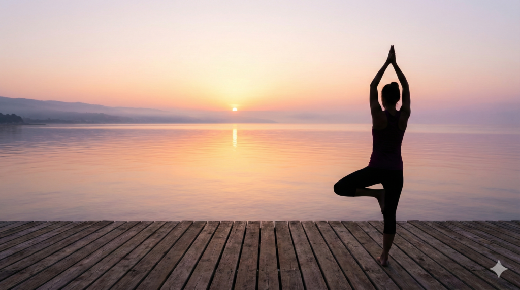 אישה מתרגלת יוגה מול הים בזריחה, בתנוחה המביעה איזון גוף ונפש ושלווה עמוקה.