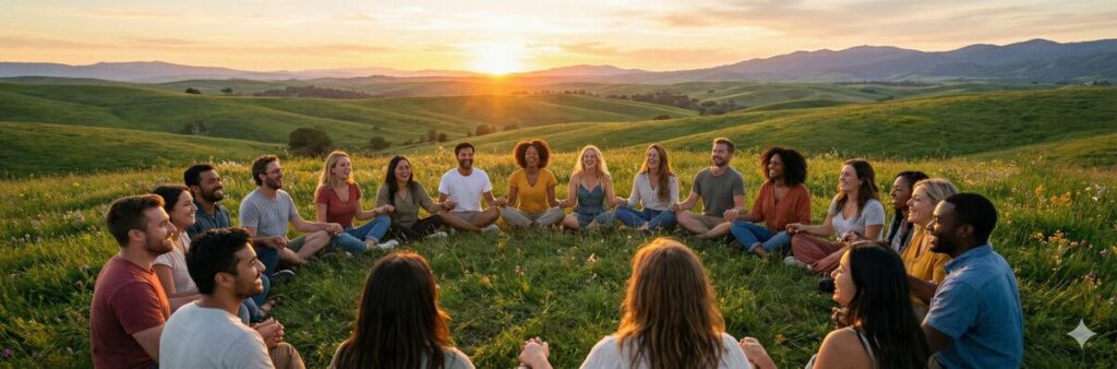מגוון ריטריטים וסדנאות בישראל, קבוצה יושבת בטבע בשקיעה, חיפוש חופשות גוף-נפש