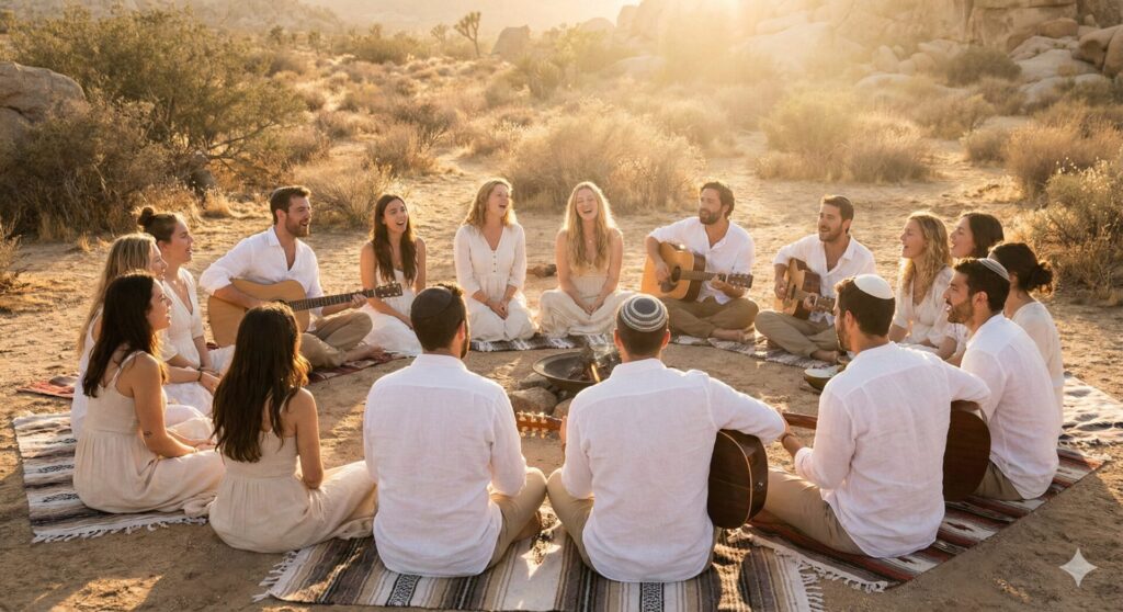 קבוצה יושבת במעגל שירה וניגון בטבע באווירה יהודית ומסורתית, בלבוש צנוע ובאור רך של שקיעה.