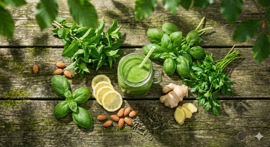 רכיבים טריים לניקוי רעלים ומשקה בריאות בטבע, ריטריט תזונה והתחדשות הגוף.