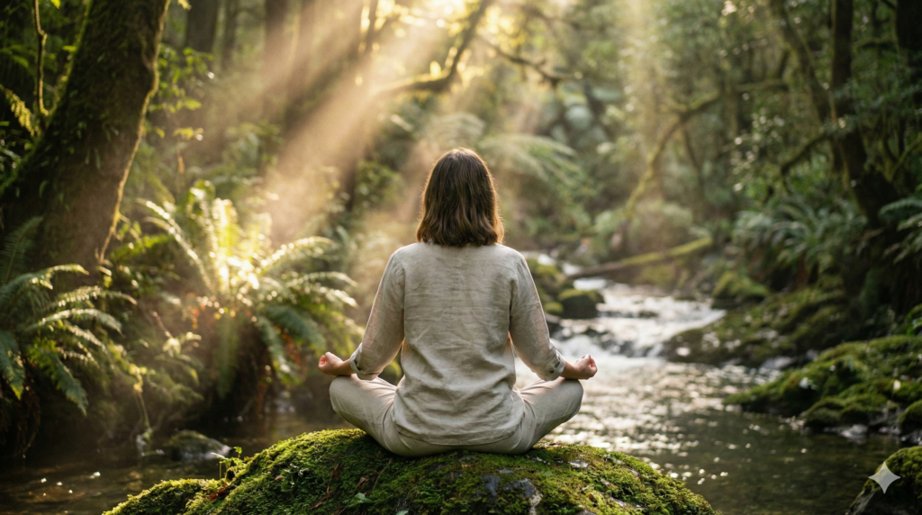 אדם יושב במדיטציה בלב הטבע מול נחל זורם, באווירה של שקט פנימי, קשיבות ומיינדפולנס.