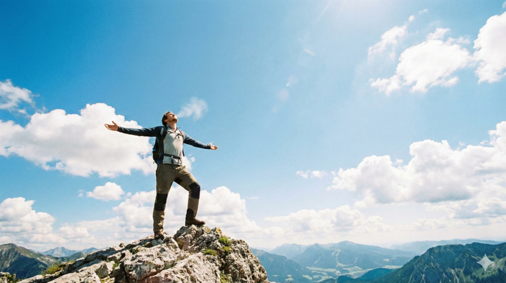 אדם עומד על פסגת הר ונושם עמוק לרווחה מול שמיים פתוחים, מבטא תחושת חופש, שחרור ואוויר נקי.