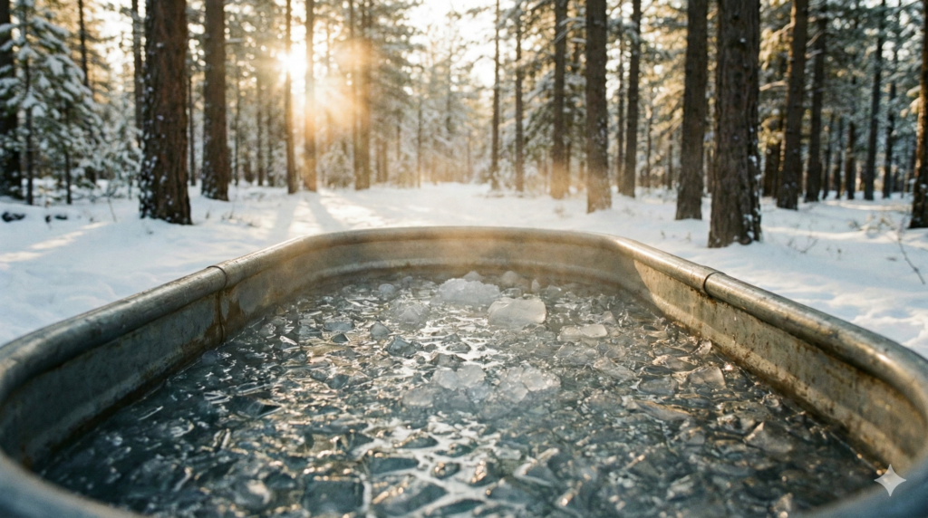 אמבטיית קרח בלב יער מושלג ושקט, עם אדים העולים מהמים באווירה של רוגע וחוסן מנטלי.