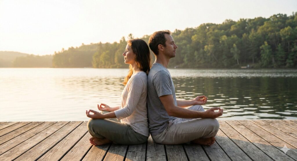 זוג בתרגול יוגה משותף ומדיטציה בזריחה על דק עץ בטבע, כחלק מחוויית ריטריט זוגי להעמקת הקשר.