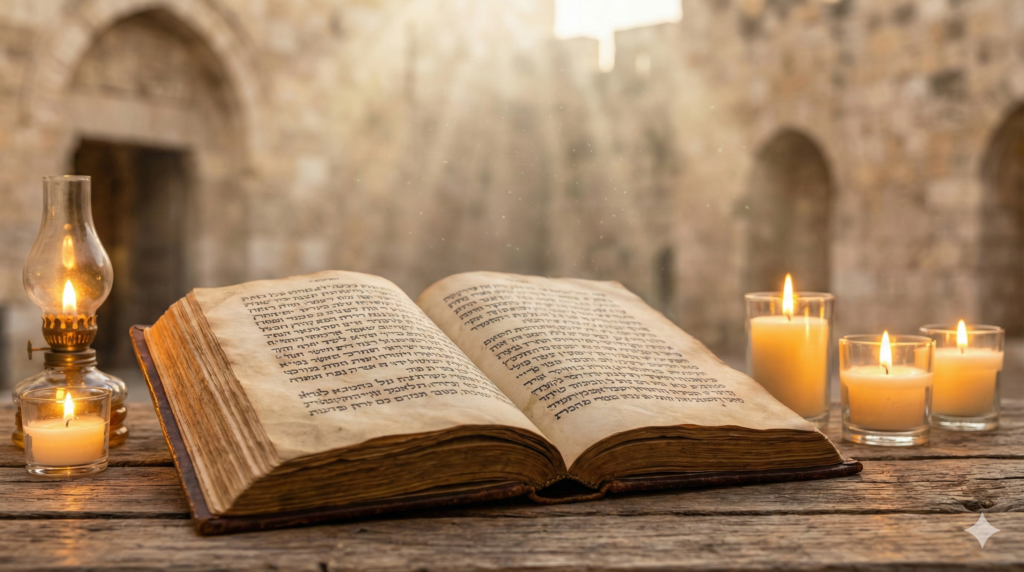 ספר יהודי עתיק פתוח לאור נרות על רקע אבני ירושלים, המשרה אווירה של רוחניות, קבלה ומסורת.