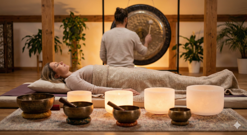 סשן ריפוי בצלילים (סאונד הילינג) עם קערות טיבטיות וגונגים, הרפיה עמוקה ואיזון גוף-נפש.