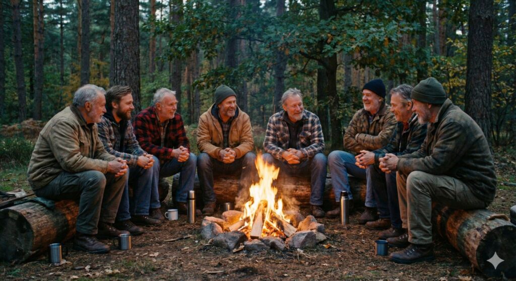 קבוצת גברים יושבת במעגל הקשבה מסביב למדורה בלב היער בשעות הערב במסגרת ריטריט גברים.